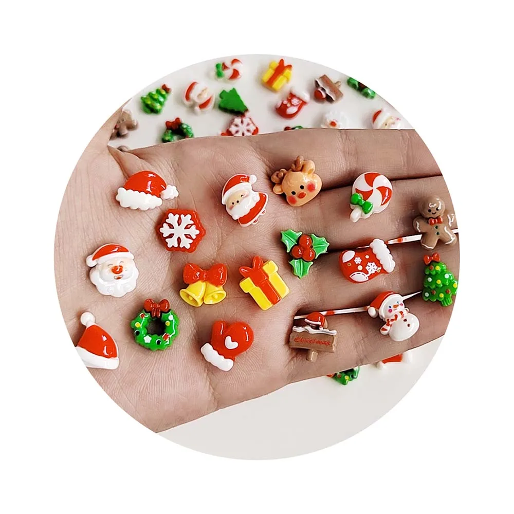 100Pcs Mini Christmas Decorations 2024 Resin Santa Gingerbread Man Tree Flatback Cabochon Scrapbooking for Hair Bows Accessories