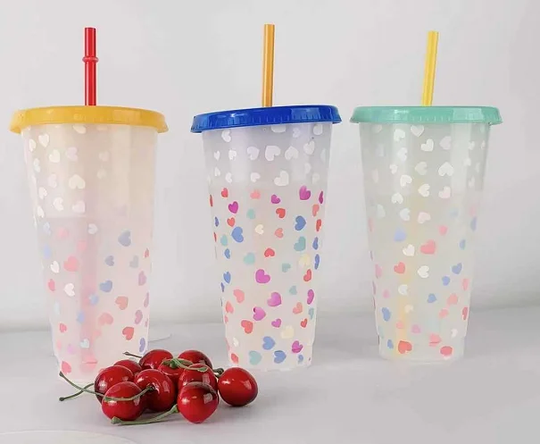 

Factory Price 24oz Reusable Colorful Lids and Straws Heart Shaped Plastic Color Change Coffee Mug Cup, Customized color
