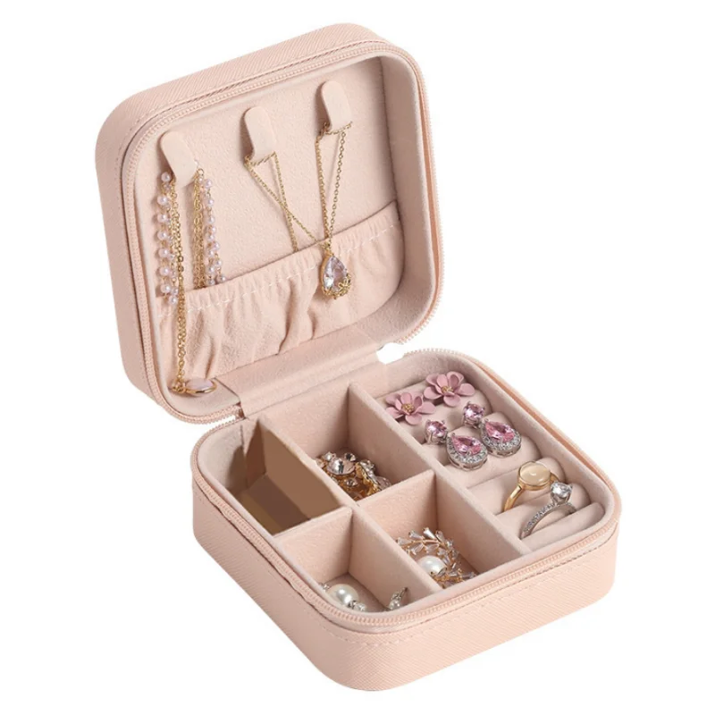 Spot wholesale price Hot Sale  PU Leather zipper jewelri box Small Travel Jewelry case Boxes Square jewelry box for travel