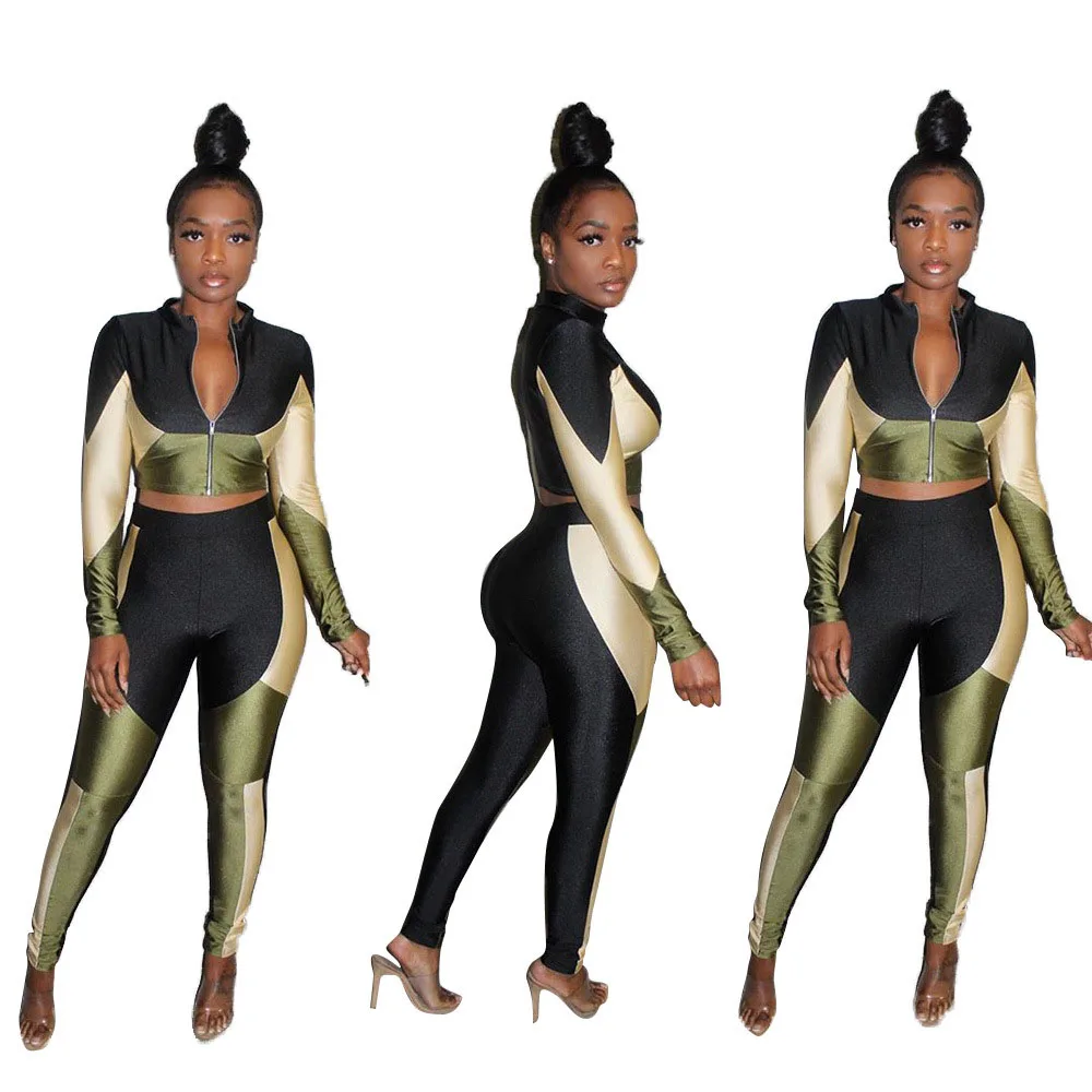 

patchwork crop top and legging 2 piece fitness women clothing set sportswear for women, Green, red, purple