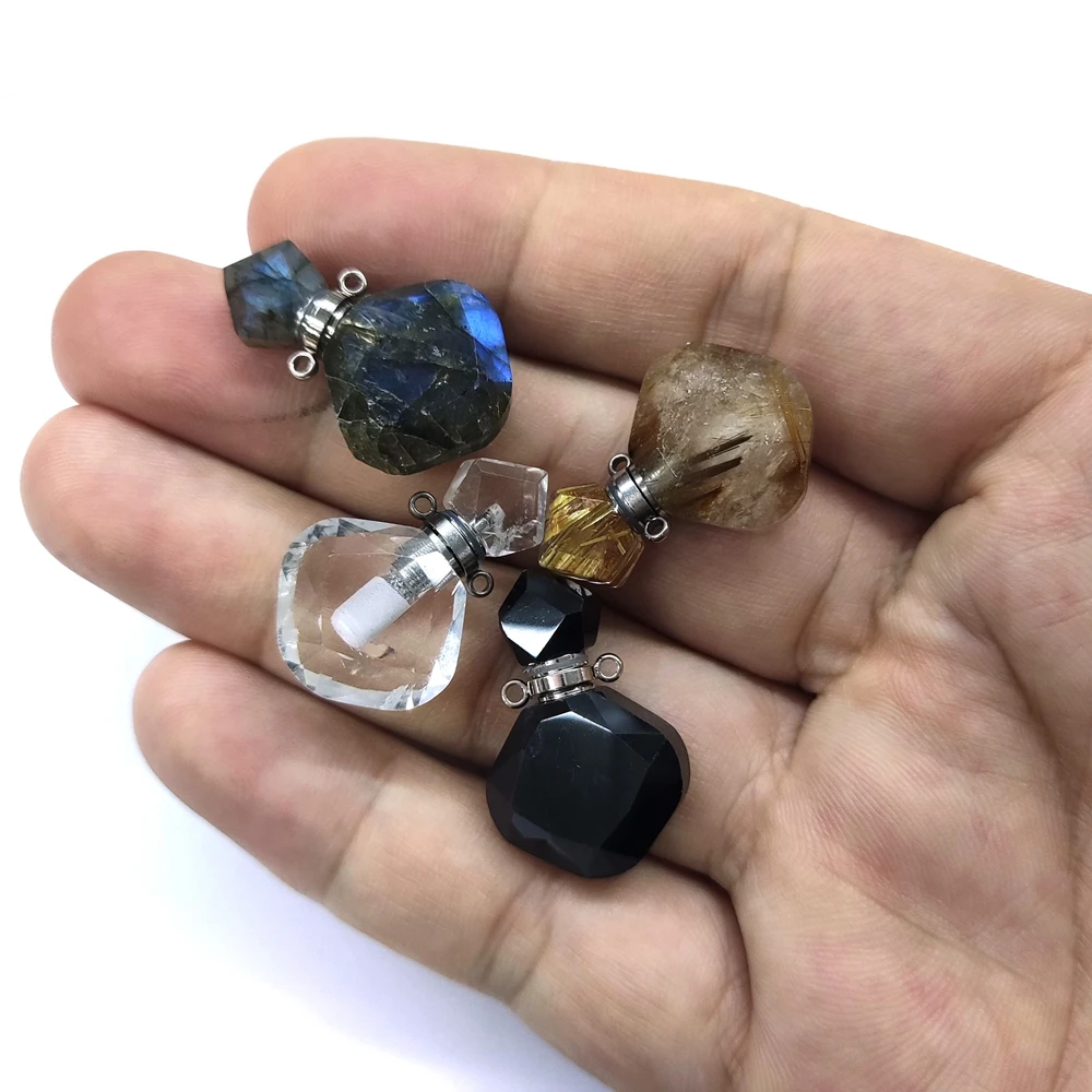 

New Arrival Gemstone Perfume Bottles Pendant Necklaces Vase Essential Oil Diffuser Charms best winter accessories gifts for girl, Black, smoky, clear, blue