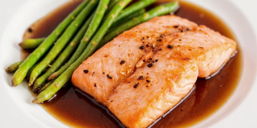Plated honey balsamic salmon with glass of Pinot Noir