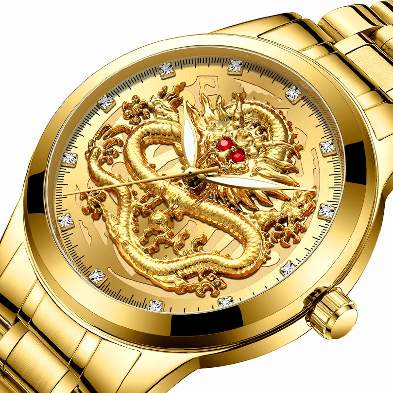 FNGEEN embossed gold dragon watch men's waterproof non-mechanical watch men's diamond ruby dragon face fashion middle-aged watch
