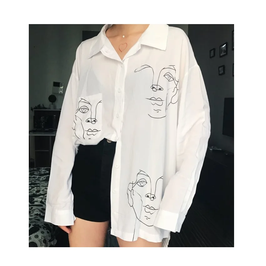 

New Summer Blouse Shirt Face Printing Long Shirts Women Shirt
