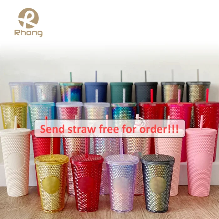 

72 hours Ready to shipping stock plastic acrylic tumbler cup glitter matte in bulk grid studded cup tumblers with lid and straw, Customized colors acceptable