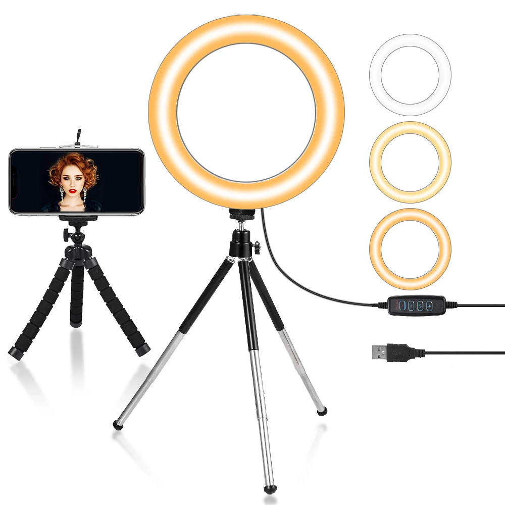 

7inch Desktop Selfie Ring Tripod Stand 10 Brightness Level 3 Light Modes Lamp