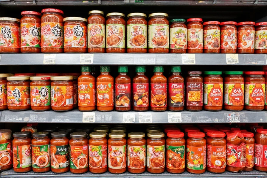 Korean grocery store shelf displaying various gochujang brands with different packaging styles and sizes