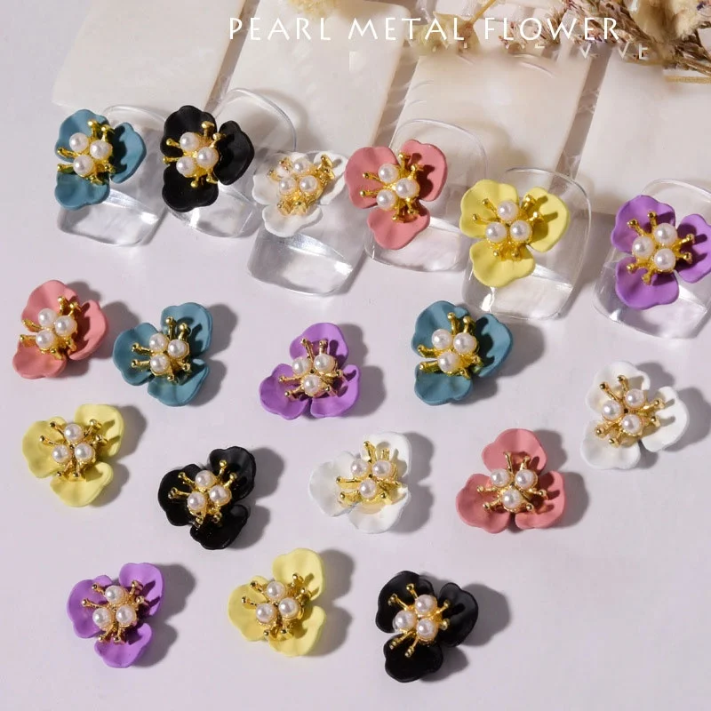 

Paso Sico 2pcs/bag 6 Colors Amazing Cute Three Petals Flowers Pearls Metal Flower Decorative DIY Nail Art Charms for Designs