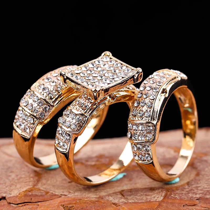 

Latest Fashion Three Pieces One Set Gold Luxury Shiny Cz Small Diamond Bridal Wedding Ring Set
