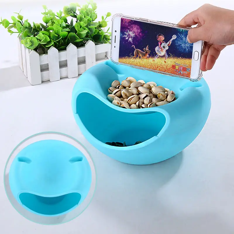 

Modern Living Room Creative Bpa Free Reusable Double layer Container Fruit Nut Candy Storage Box Snack Bowl With Phone Holder, Blue green pink