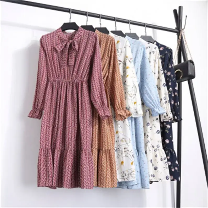 

Summer Korean Chiffon Women Dress Elegant Ladies Vintage Long Dress Boho Floral Office Long Sleeve Vestidos Clothing 614, Casual dresses