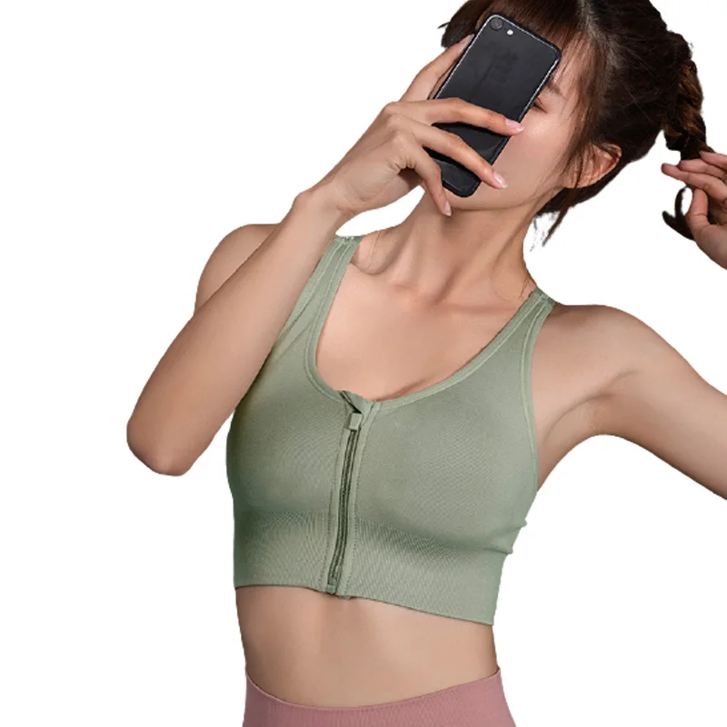 

Custom logo workout fitness wear vest strap backless front gym sports bra with zipper yoga tops bra, 3 colors