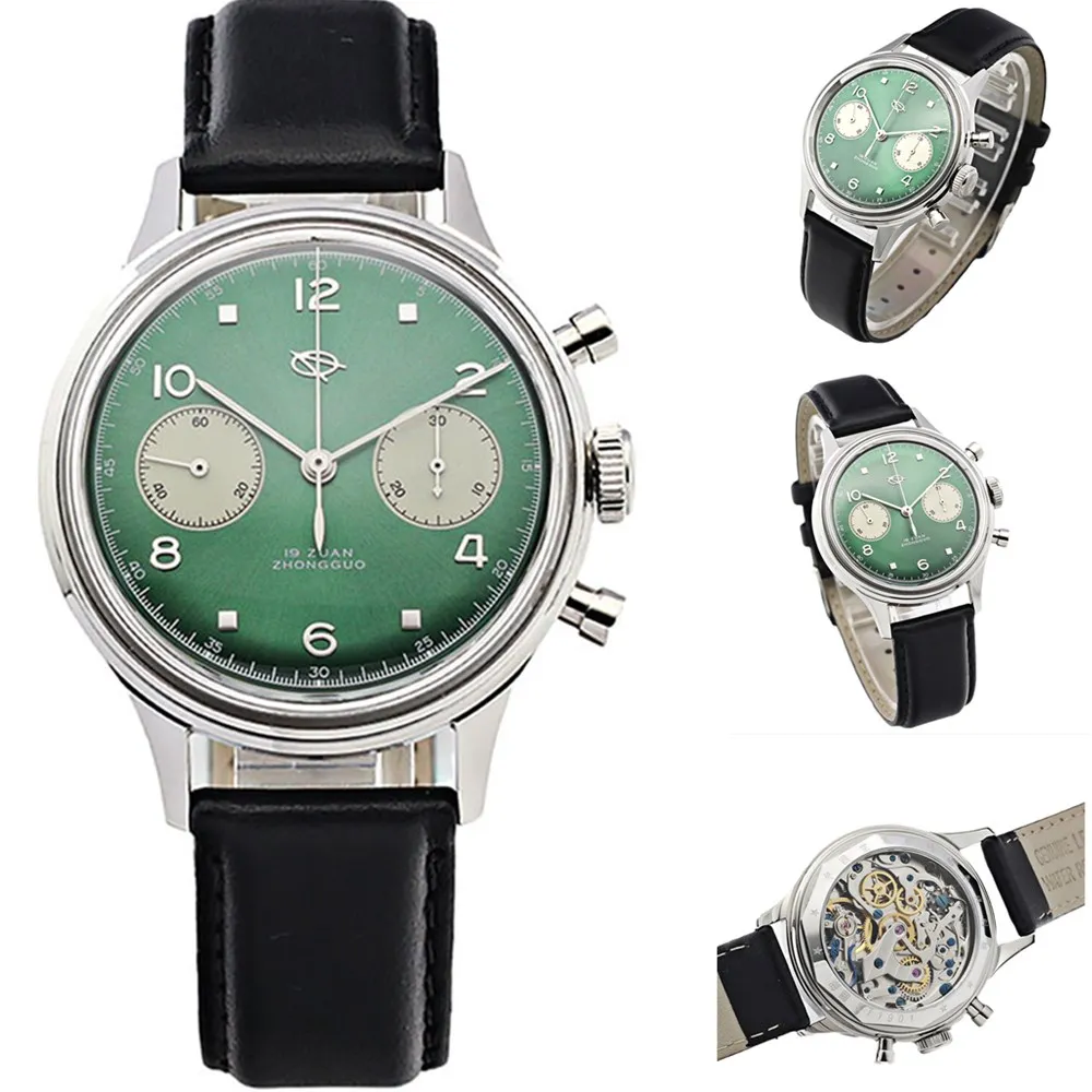 

38mm Green Face Men 1963 Pilot Chronograph Wristwatch ST19 Hand Wind Movement Military Mechanical Watch With Gooseneck