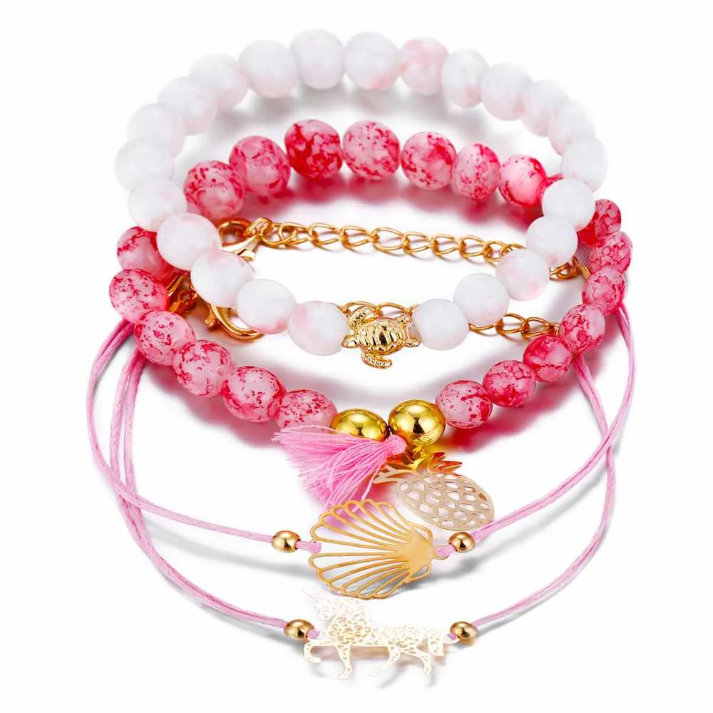 

Cute Pink Beads Cotton String Jewelry Sets Bohemina Multilayer Beaded Rope Bracelet For Baby Girls Gift