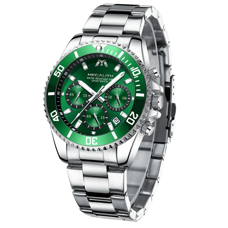 

MEGALITH Luxury Men Watch Sport Waterproof Analog 24 Hour Date Stainless Steel Chronograph Quartz Watch Wrist Watches Clock