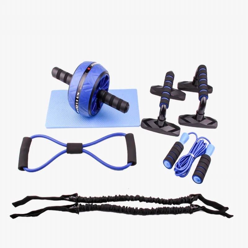 

Wholesale Abdominal exercise core AB wheel roller set with kneeling pad with PVC skipping rope for Push up stand TPE resistance, Blue suit