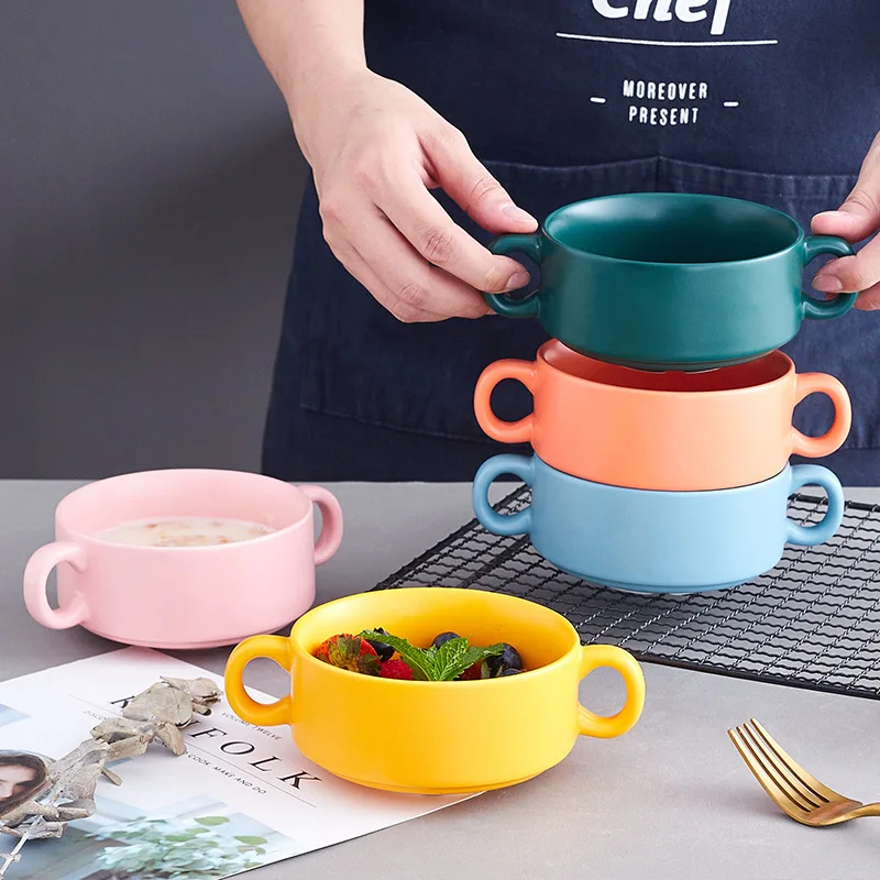 

High Quality Tableware Set Fruit Dessert Ramen Salad Binaural Porcelain Bowl Set Ceramic Soup Bowl, Light blue/green/pink/yellow/blue/orange