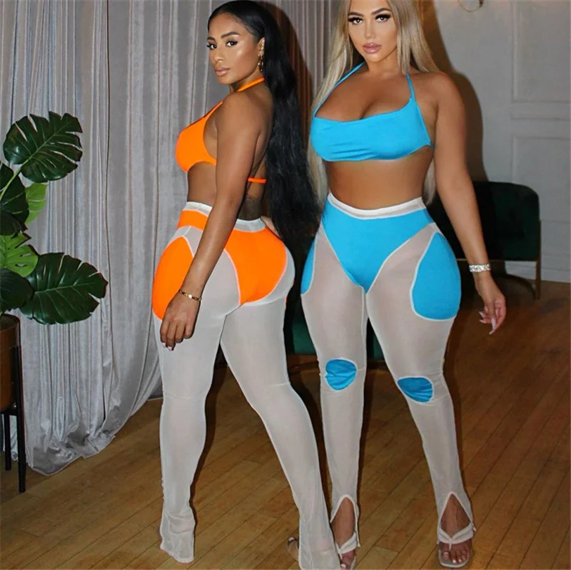 

Womens Clothing 2021 New Arrivals Sexy Mesh See Through Leggings Set Stitching Trousers Pants Suit Women Two Piece Pants Set