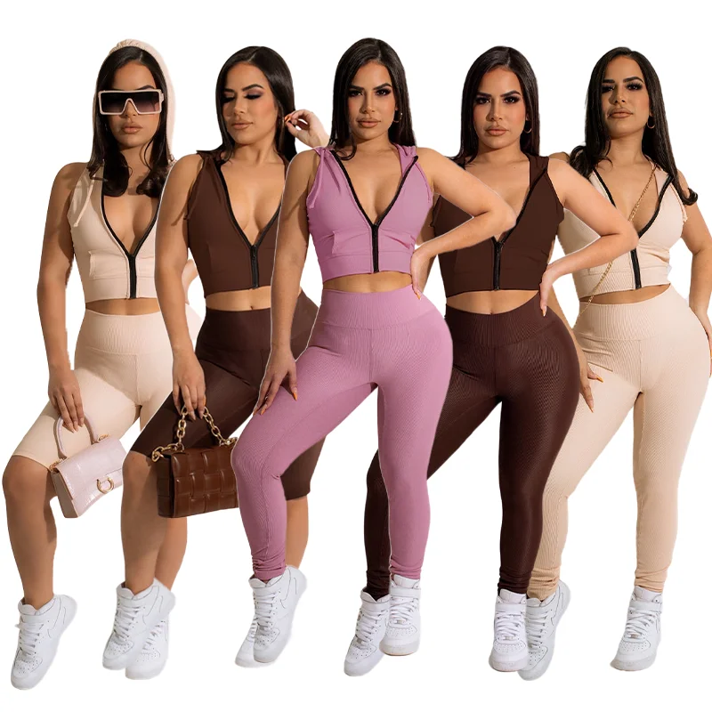 

2022 Women Fitness Clothing Solid Crop Top Zip Up Hoodie Ribbed Legging Lounge Set Ribbed Biker Shorts Set 2 Piece Sets, Shorts :brown, khaki trousers: dark pink, apricot, brown