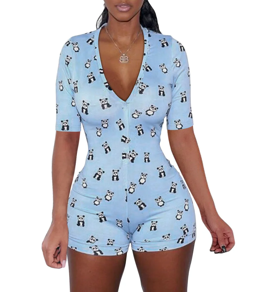Adult Romper Pajamas Allover Printing Bodycon Jumpsuit Short Sleeve