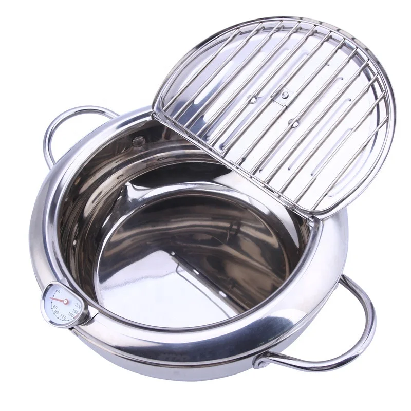 

Temperature control fry food deep frying pot stainless steel japan tempura pot with lid