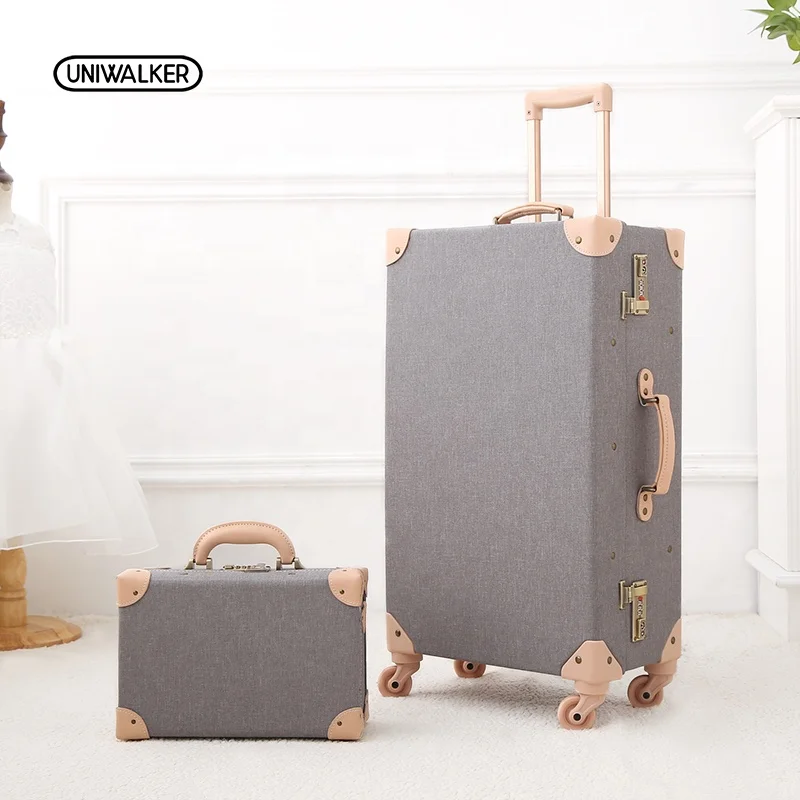 

Uniwalker Light Grey Retro Rolling Luggage Trolley Bagage on Spinner Wheels Travel Bags