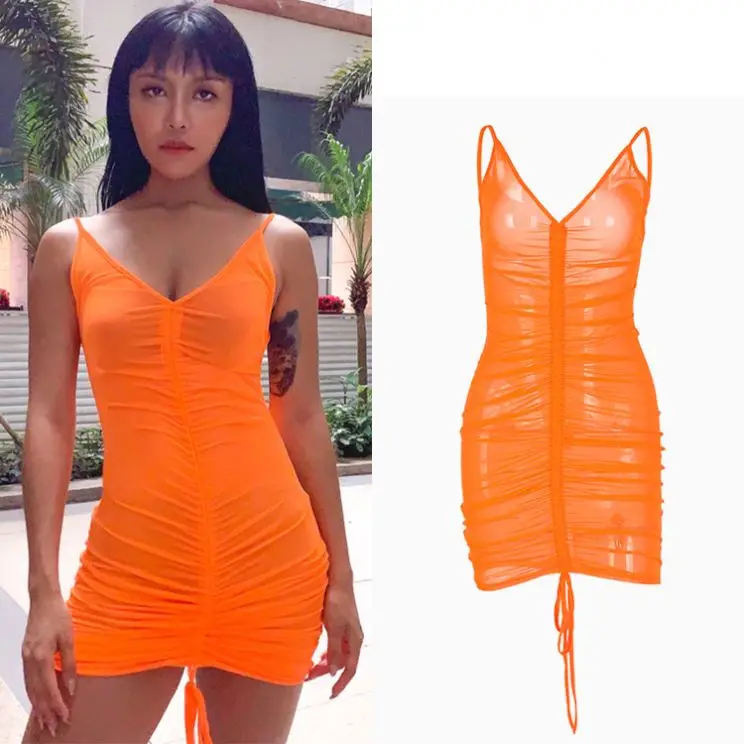 

2021 New Arrivals Women Clothing Drawstring Mesh Sheer Backless Club Dresses Bodycon Sexy Casual Dresses Women, Black & white & green & orange