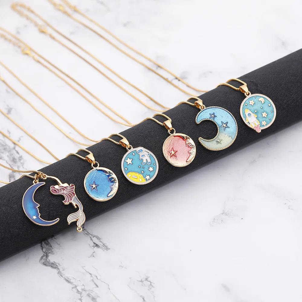 

Jachon Ins Romantic Star Astronaut series necklace new style alloy sparkle drop oil star moon necklace