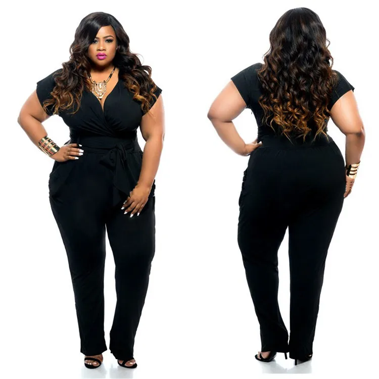 K2152 Wholesale Fashion V-Neck Short-Sleeved Solid Color Sexy Plus Size Jumpsuit Romper For Fat Women