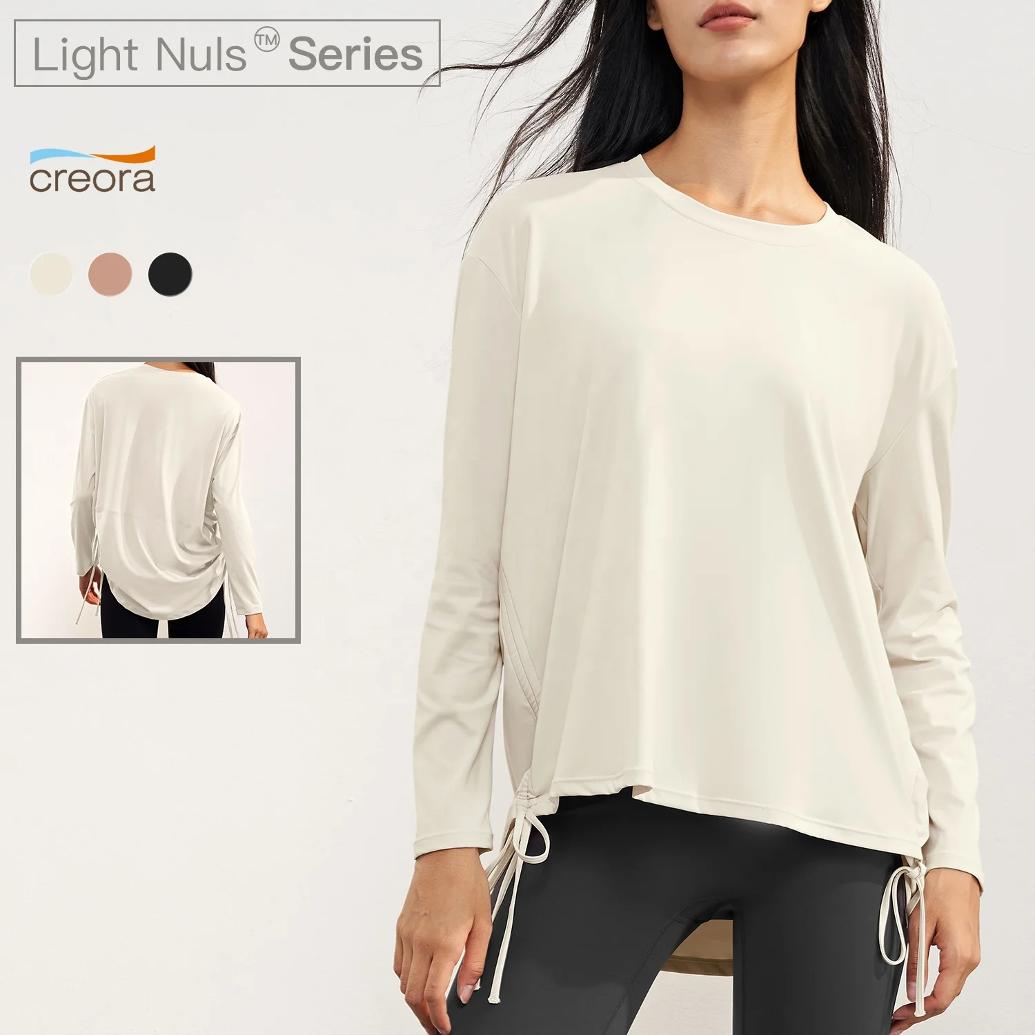 

Light Nuls Both Side Draw String Over sized Women Shirts Long Sleeve Yoga Tops