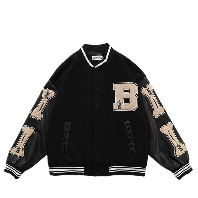 

wholesale men's hip hop towel&applique embroidery colorblock pu leather sleeve college sports varsity baseball cargo jacket, Customized color