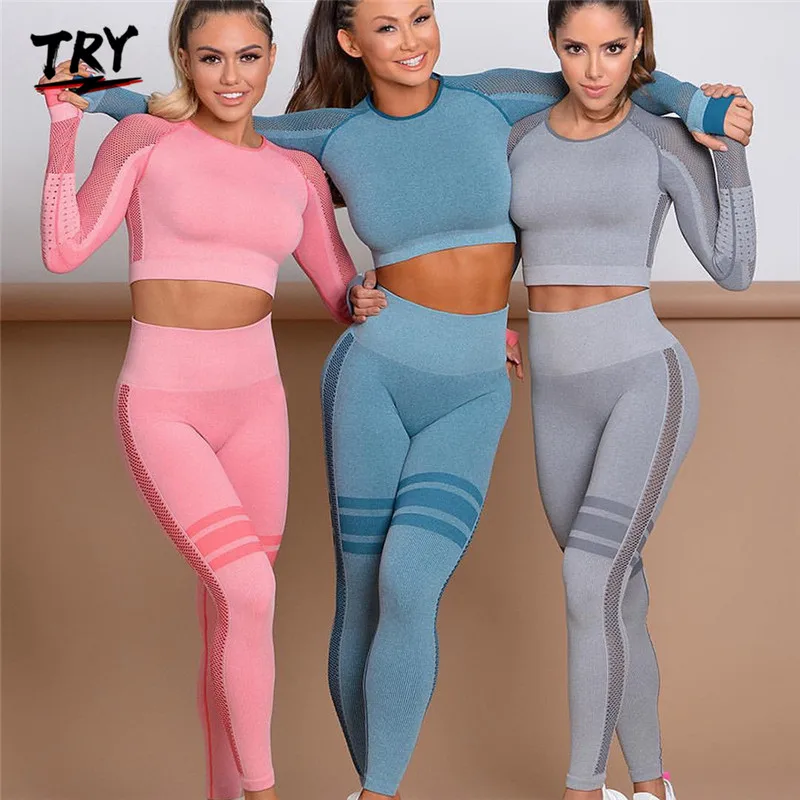 New Arrival Women Breathable long sleeve Crop Top Gym Leggings Yoga Set seamless mesh yoga set