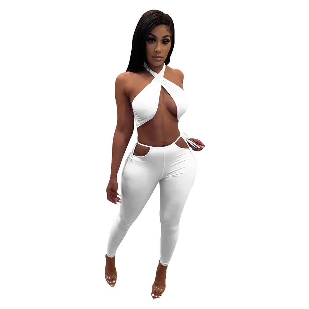 

High quality spring women solid colors casual fashion straps women sexy 2 piece set