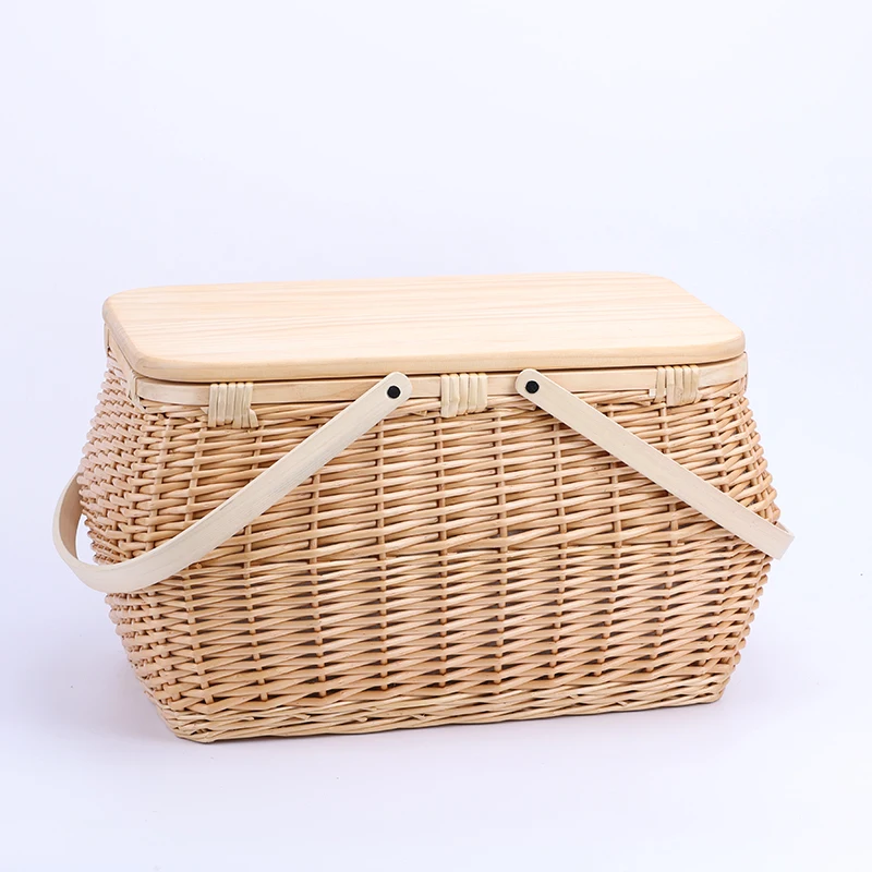 

round beach rattan willow Outdoor Oval Storage Picnic Baskets Wicker Insulated Cooler Basket with Wood Lid Handle, As photo or as your requirement