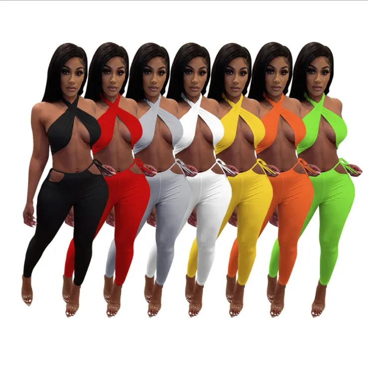 

In Stock Summer women's new sexy strap sleeveless cropped short vest trousers sexy two piece set