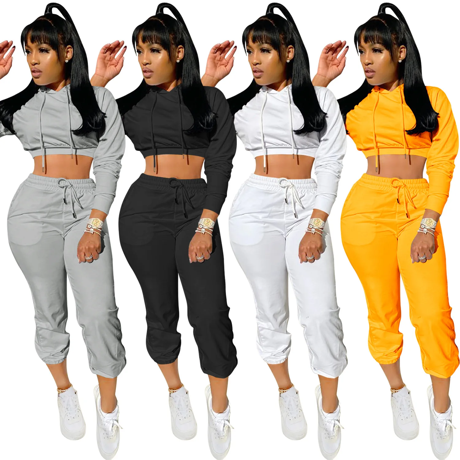 

B53968A Cross-border new product women fashion hooded 2pcs sports pants set, Black/gray/white/yellow