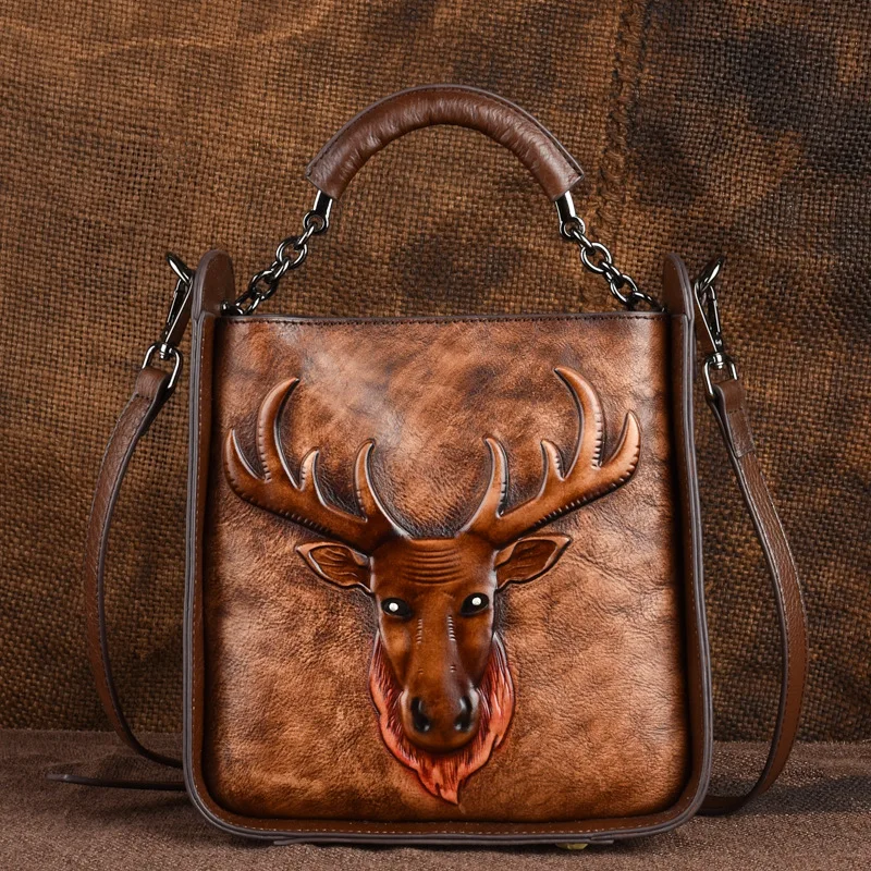 

Vintage Retro Designer Emboss Deer Pattern Cowhide Genuine Leather Shoulder Messenger Handbag Woman Tote Small Square Bags