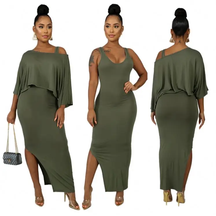 

1119M019 new style solid split strap dress sloping shoulder top Long Dress Clothing Women Two Piece Sets