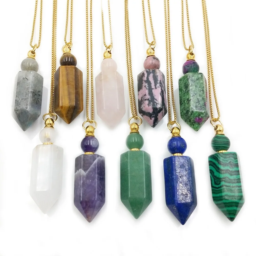 

Wholesale Healing Chakra Point Stone Pendant Perfume Bottle Necklace Essential Oil Gemstone Stainless steel Necklaces Jewelry, Rainbow