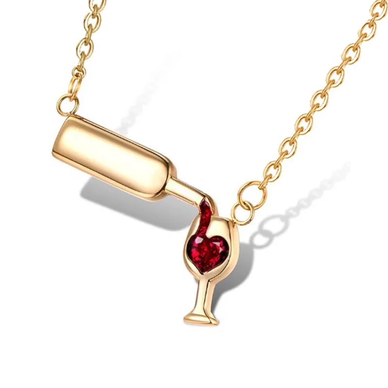 

Romantic Rose Gold Plated Wine Bottle Necklace Red Cubic Zirconia CZ Heart Necklace for Girls Party, Picture color