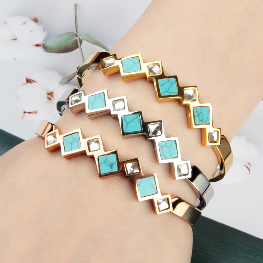 Retro style women's jewelry gift accessories new design inlaid turquoise electroplated 18K stainless steel bracelet women