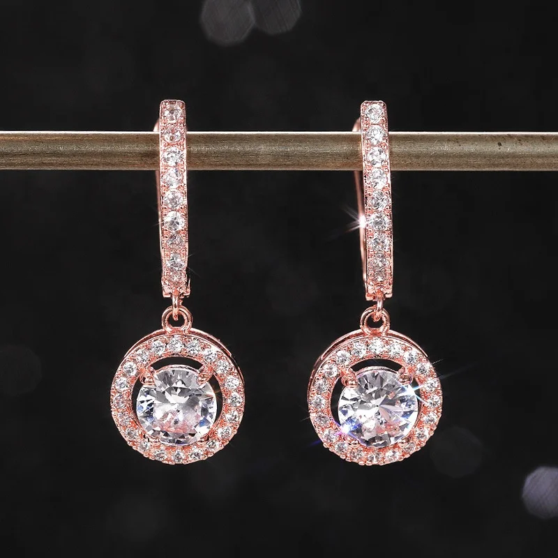 

Women Fashion Classic Plated Rose Gold Earrings Luxury Full Paved Shiny Crystal Cubic Zircon Earring Wedding Ear Jewelry, Picture shows