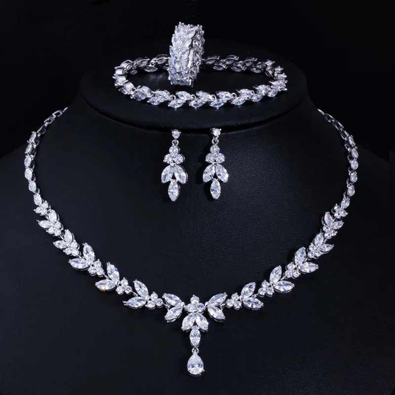 

4PCS Silver Color Zircon Crystal Bridal Necklace Earrings Bracelet Rind Set Wedding Jewelry Sets for Women