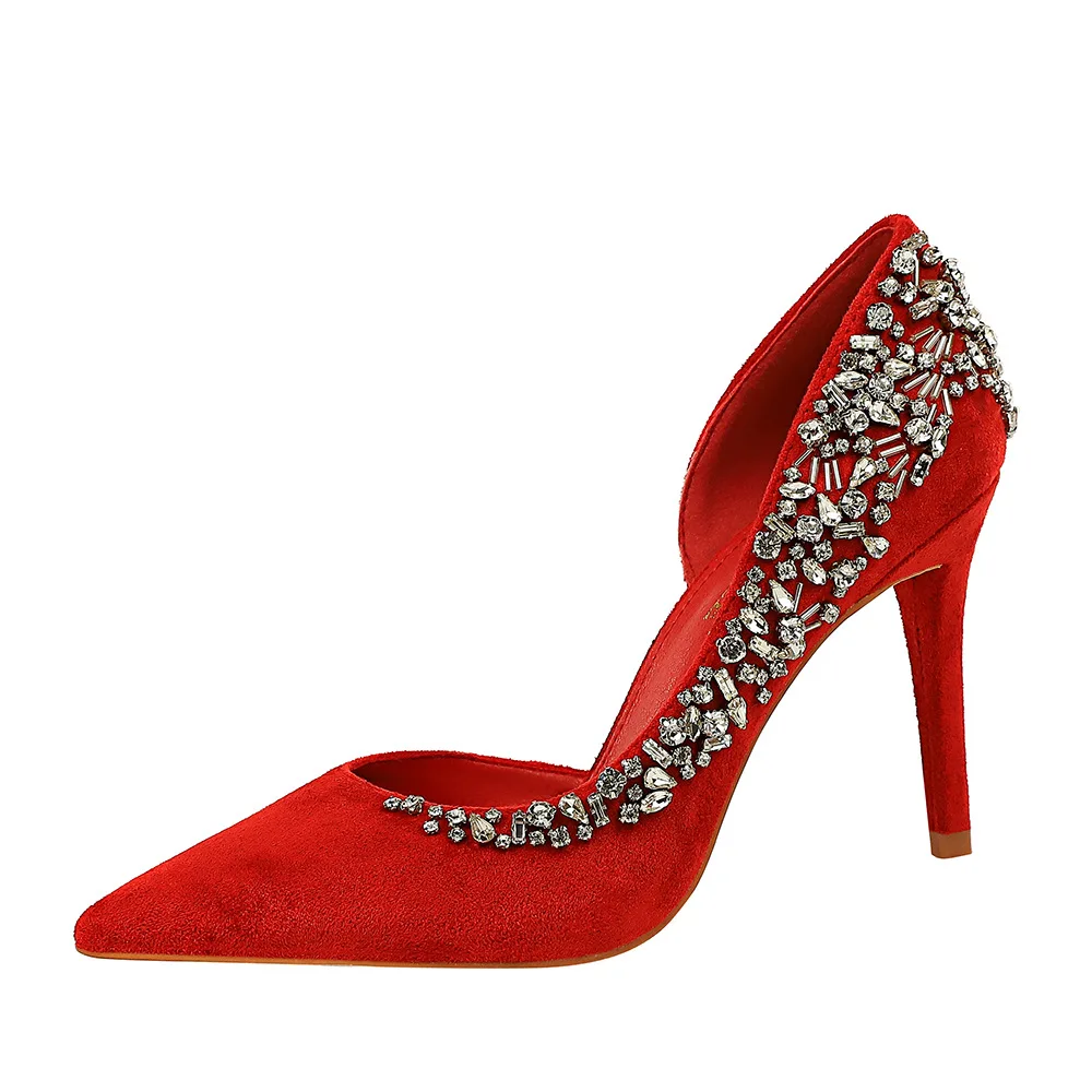 

Banquet High-heel Shoes Suede Pointed Hollowed-out Bright Drill Pump, Red, blue, gray, khaki, pink