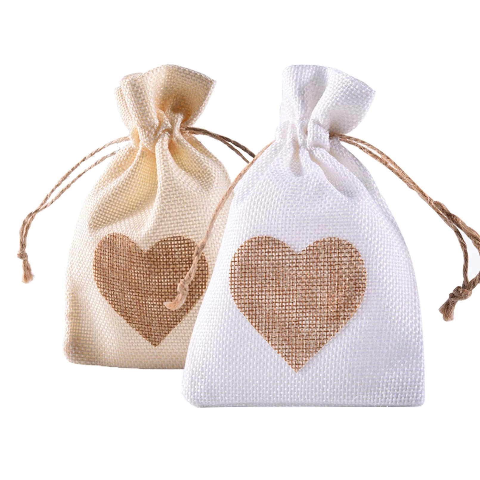 

Love Heart Drawstring Jewelry Jute Bag Gift Packaging Pouch wedding favor bags For Party Decoration Supplies, White beige