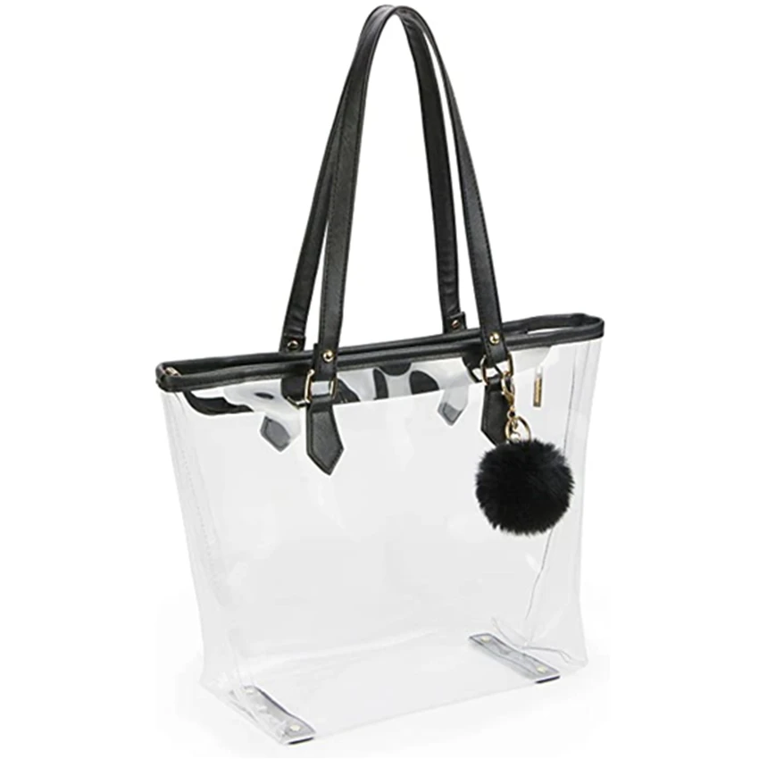 

Large Clear Bag Transparent Shoulder Handbag with Black Plush Pendant