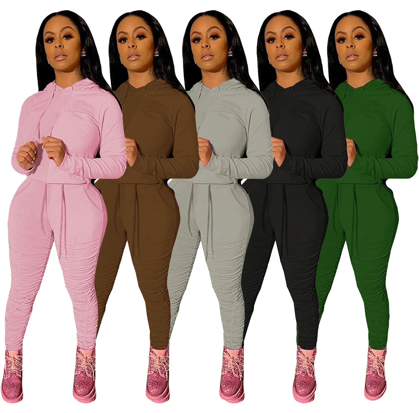 

B53842A Autumn winter long sleeve women fashion hooded two pieces pants set, Black/gray/brown/pink/green