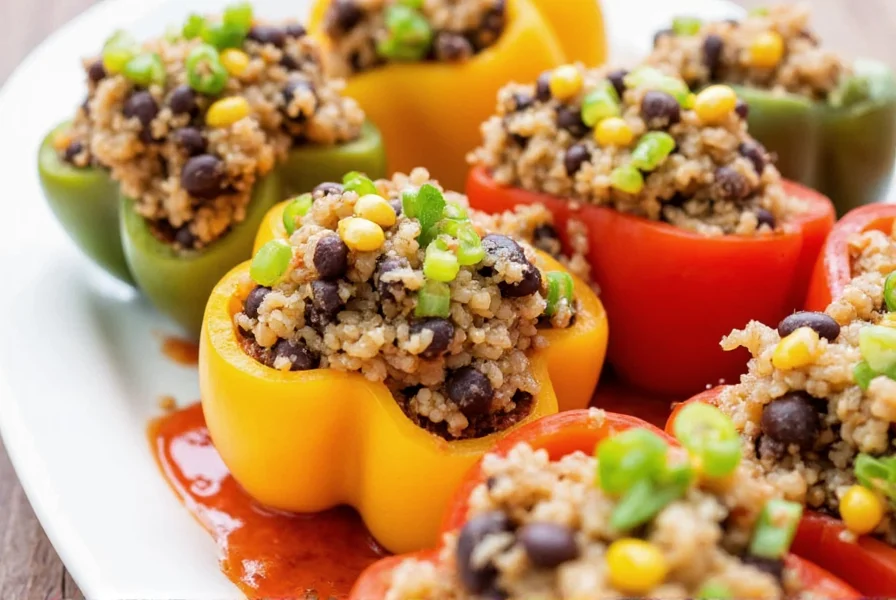 Colorful vegetarian stuffed peppers with quinoa, black beans, and corn filling