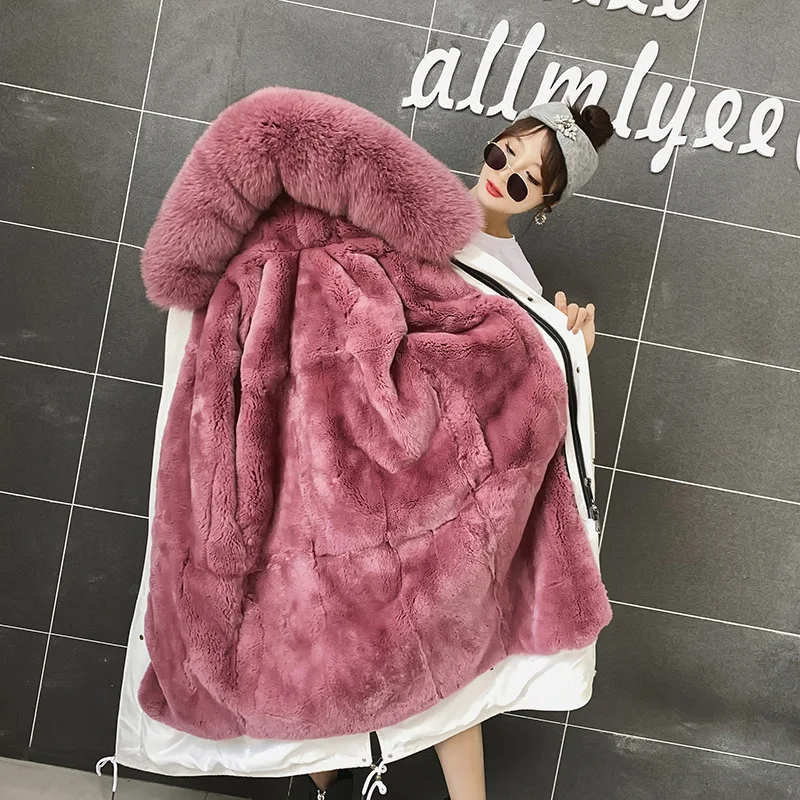 2019 wholesale white winter Detachable real rex rabbit fur lining fox fur collar women coat jacket long lady fur parka