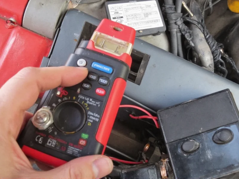 Multimeter testing voltage on DIY camper battery terminals